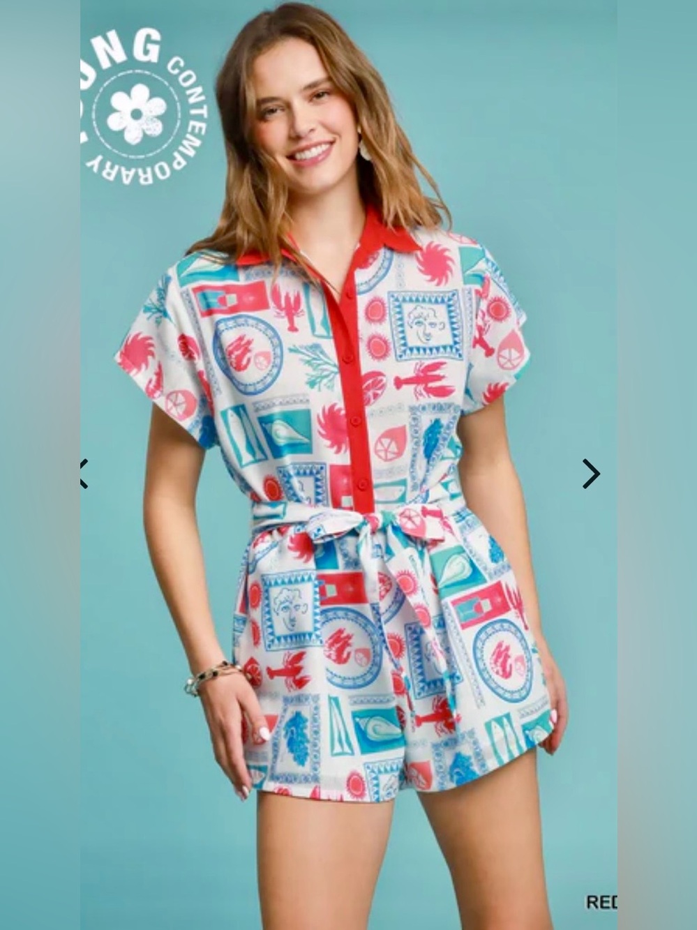 Umgee Red Trim Printed Tie-Waist Romper Size Small